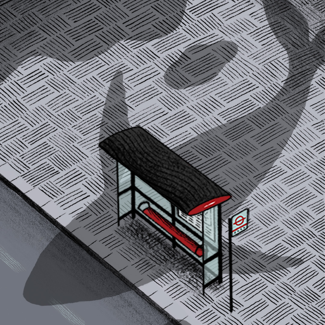 a drawing of a bus stop and a whale shadow
